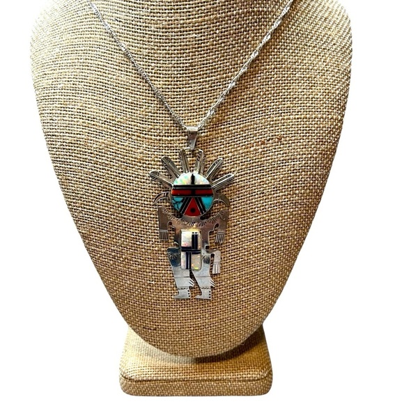 None Jewelry - Native American Navajo Turquoise Coral Opal Sterling Silver Kachina Pendant